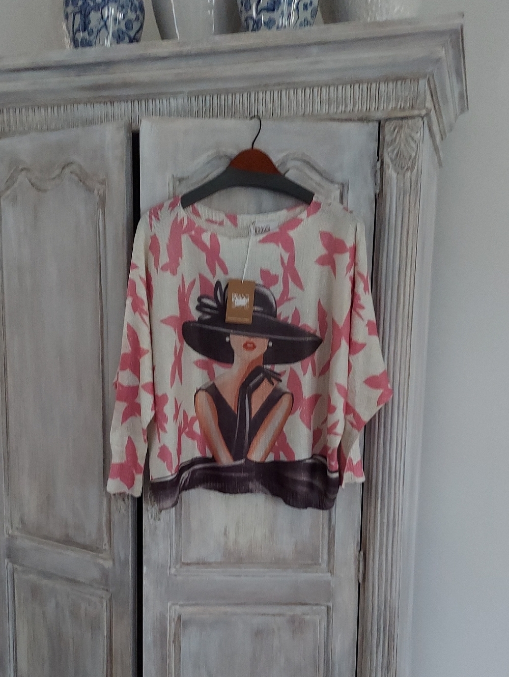 Cream & Pink Botanical Graphic Pullover Sweatshirt with Woman Motif